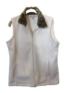 Carolyn Taylor Fleece Vest Faux Fur Leopard Collar M White Grandmacore Gorpcore - Picture 1 of 10