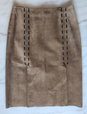 Y2K Kenneth Cole Women's Brown 100% Suede Leather Mob Wife Skirt Midi Office - Image 1 of 4