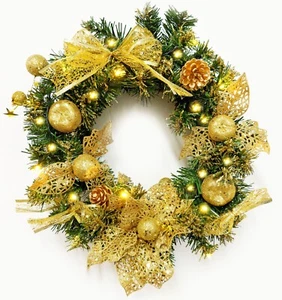 Guirnalda de puerta de Navidad con luces blancas cálidas preiluminada 40 cm oro de lujo - Imagen 1 de 7