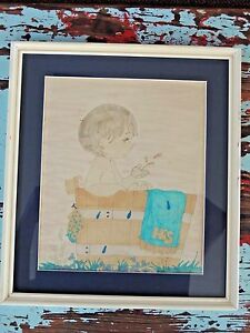 Rare Cute Hand Drawn Watercolor HIS Kid Bathroom Bathtube Art Framed Matted VTG 