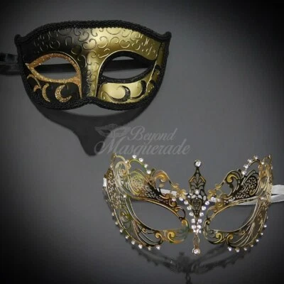 Couple's Masquerade Masks | His and Hers Masquerade Masks Black/Gold - Image 1 of 4