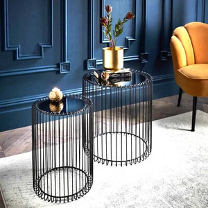 Set Of 2 Round Cage Table With Mirror Top Coffee Table Side Table Living Room - Picture 1 of 4