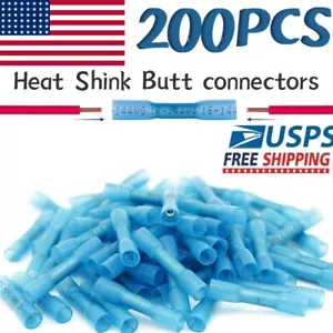 200Pcs Blue Heat Shrink Butt Wire Crimp Terminals 16-14AWG Waterproof Connectors - Picture 1 of 9