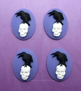 4 RAVEN & SKULL GOTH CROW BLACK BIRD on PURPLE 40mm x 30mm CAMEOS EMO STEAMPUNK - Picture 1 of 5