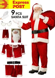 9PC Santa Claus Costume Suit Adult Christmas Party Mens Velvet Xmas Express Ship - Picture 1 of 5
