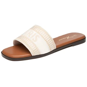 Women's Summer Flat Sandals Beige Comfortable Square Toe Slide Sandals Size 7 - Picture 1 of 7