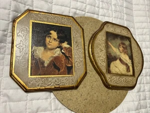 Vintage italienische florentinische Wandtafeln Portrait kleiner Junge in rot und kleines Mädchen - Bild 1 von 10