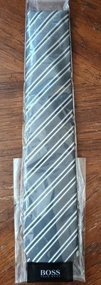 Hugo Boss Men's 100% Silk Stripe Tie Gray/Black/White- New with tags Made Italy - Image 1 of 4