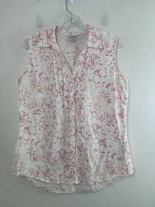 LL Bean Hemd ärmellos Medium Leinen weiß/rosa Blumen Knopfleiste Plissee vorne - Bild 1 von 9