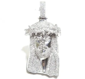14k White Gold 4ct Round Cut Prong Set White Diamond Thorn Crown Jesus Pendant - Picture 1 of 11