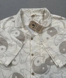 Sea Shepherd Shirt Mens Medium Beige Button Up Yin Yang Dolphins Ocean Hawaiian - Picture 1 of 8
