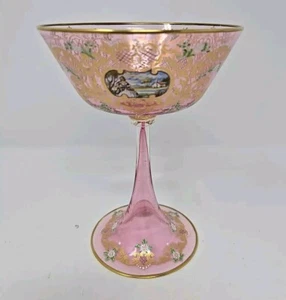 Venetian Enameled Figural Landscape Scene Pink Champagne / Sherbert Glass 6" #5 - Picture 1 of 15