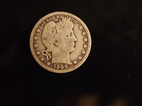 1908 O 90% Silver Barber Quarter Dollar Good Condition Cover