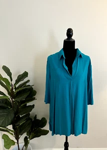 Teal Tunic Swim Cover Casual Tip 3/4 Sleeves with Button Size XL - Picture 1 of 7