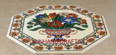 18'' White Marble Coffee Center Table Top Pietra Dura Inlay Mosaic Handicraft - image 1 of 4