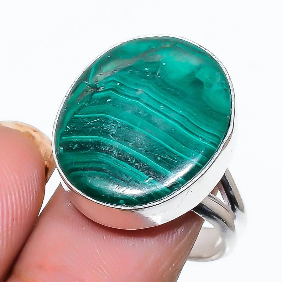 Anillo de joyería de plata de ley 925 hecho a mano con piedras preciosas de malaquita verde talla 7 (EE. UU.) Foto 1 de 1