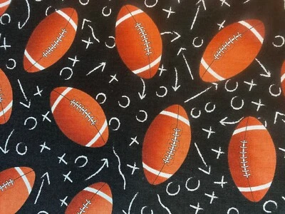 Football Plays Sports Overall Footballs Piles Black Cotton Fabric FQ - Image 1 of 4