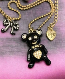 Vintage Articulated Black Bear Betsey Johnson Pendant 34” Rhinestone Bow - Picture 1 of 10