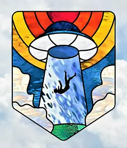 Alien UFO Faux Stained-Glass WINDOW CLING Size 10" Repositionable Vinyl - Picture 1 of 1