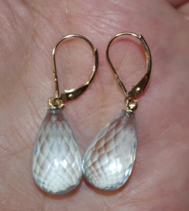 Gem Quality 14K Micro Faceted Blue Topaz Tear Drop Lever back Earrings - Picture 1 of 12