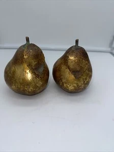 Set Of 2 Gold Gilded 4" Pears W/Metal Leaf Good Condition - Picture 1 of 6