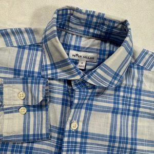 Peter Millar Mens Small Blue Plaid Long Sleeve Button Down Shirt Cotton Blend - Picture 1 of 8