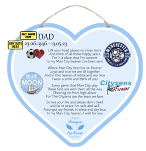 MANCHESTER CITY MEMORIAL POEM METAL HEART SIGN PLAQUE - PERSONALISED - Picture 1 of 3