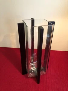 Glass Flower Vase in Dark Wood Stand 13" Tall, Square-Shaped Unique & Decorative - Picture 1 of 21