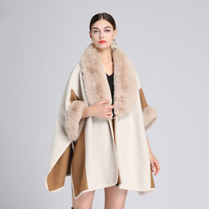 Women Faux Fur Collar Cape Mid Long Coat Faux Wool Cardigan Cloak Jackets Winter