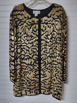 Blazer Lawrence Kazar Vintage 100% Seda Cuentas Lentejuelas Negro y Dorado Hecho en India Foto 1 de 4