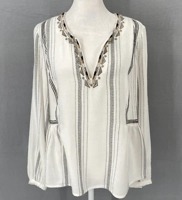 Blusa jeans tribal pequena listrada preta branca bordada com miçangas peplum boho artística - Imagem 1 de 4