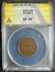 ANACS VF35 1865 Two Cent Piece 2c Plain 5 Estate Fresh Certified Type Coin A6 - Picture 1 of 2