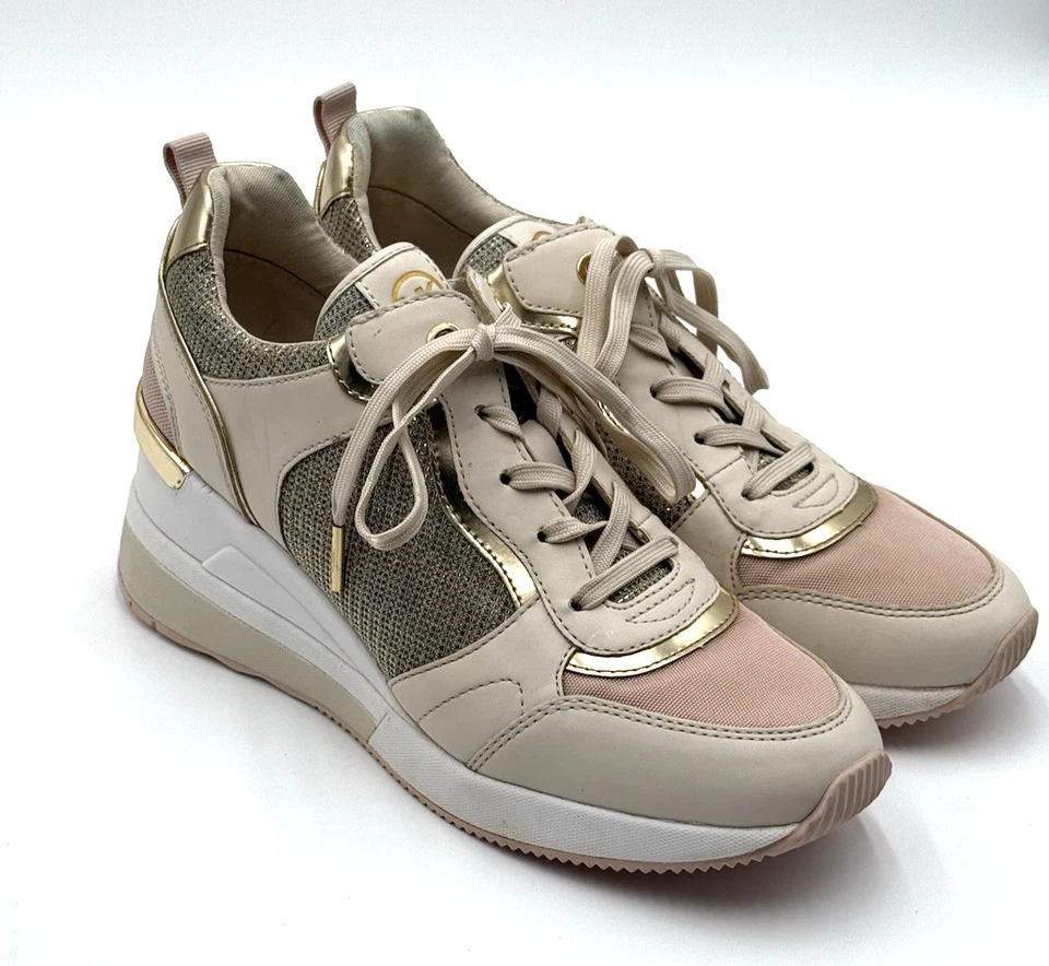 Tênis anabela feminino Michael Kors Georgie couro ouro branco e rosa tamanho 8,5 - Imagem 1 de 4