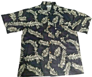 Monterey Club Men Silk Hawaiian Size L Black Palm Loop Collar Cabana Style Shirt - Picture 1 of 9