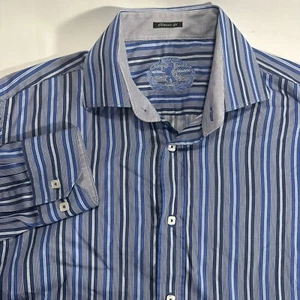 BUGATCHI "Classic Fit" Striped Button Up Dress Shirt Indigo Blue Men Sz L - Picture 1 of 8