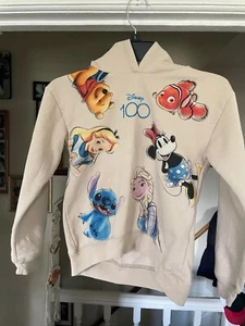 Disney 100 Kids Pullover Hoodie Pooh Nemo Stitch Alice Elsa Minnie Large Tan - Picture 1 of 3