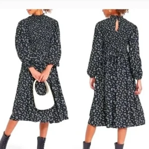 Abito midi a. new day nero a pois Ditsy stampa floreale manica lunga smocked XL balloo - Foto 1 di 7
