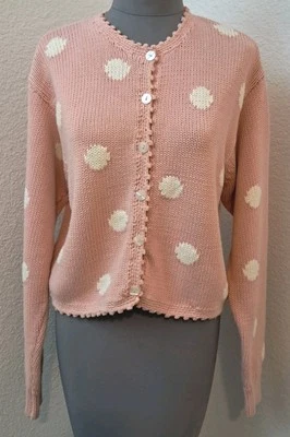 Cárdigan Suéter De Colección Años 90 Y2K Liz Sport Rosa Polvoriento Blanco Polkadot Talla Med Foto 1 de 4