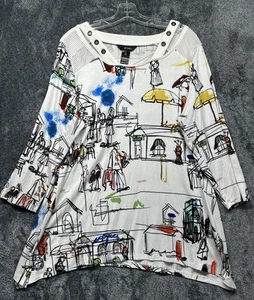 Ali Miles Damen Größe XL Weiß Bedruckt Langarm U-Ausschnitt Bluse Top (L6) - Bild 1 von 7