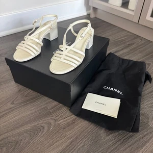 CHANEL White Patent Leather Rhinestone CC Logo Block Heel Sandals 36.5 NEW Shoes - Picture 1 of 9