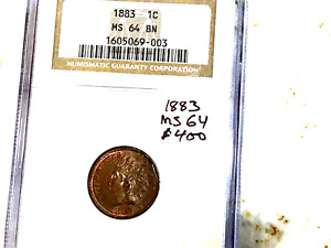 1883 INDIAN HEAD PENNY, CERTIFIED NGC 64 BROWN