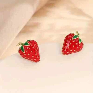 Cute Strawberry Fruit Stud Earrings Simple Jewelry Women Girl Gift Golden Toned - Picture 1 of 3