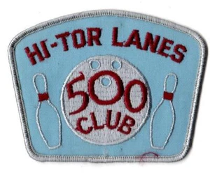 PATCH IRON ON EMBROIDERED APPLIQUE - BOWLING NY HI-TOR LANES 500 CLUB AWARD BLUE - Picture 1 of 2