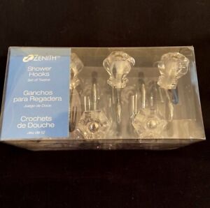 NIB Zenith Shower Hooks 12 Chrome Stainless Clear Knobs 2003 Shabby Chic Style