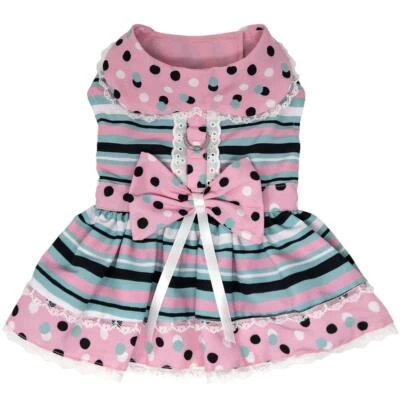 Dog Dress Pink & Teal Dots & Stripes lwith Matching Leash  XS-S-M-L-XL - Image 1 of 3