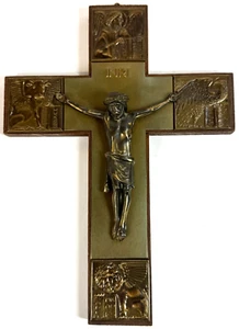 Vintage Germany Cast Brass Wood INRI Crucifix Saints Wall Cross Catholic 9.5" - Picture 1 of 9