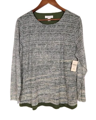 Camiseta Coldwater Creek Talla 1X Manga Larga Capas Rayas Verde Amarillo Burnout Nueva con Etiquetas Foto 1 de 4