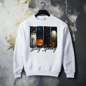 Fall Season Halloween Boo Spooky Cat Ghost Fun Whimsical Graphic Cozy Sweatshirt - Picture 1 of 1