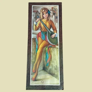 Vintage Jean Maio Harlekin Mädchen mit Mandoline große Augen Litho Wandbild USA Schaden - Bild 1 von 6