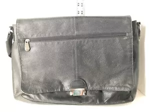 Perry Ellis Portfolio Black Genuine Leather Shoulder Messenger Laptop Bag - Picture 1 of 13